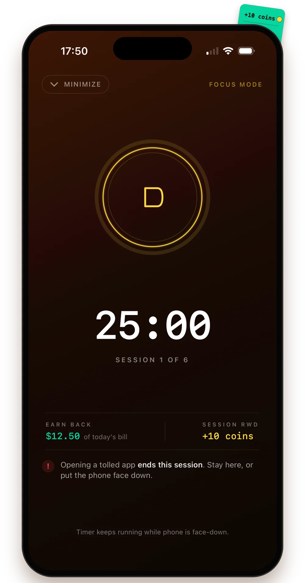 A focus session — 25-minute Pomodoro that earns coins back