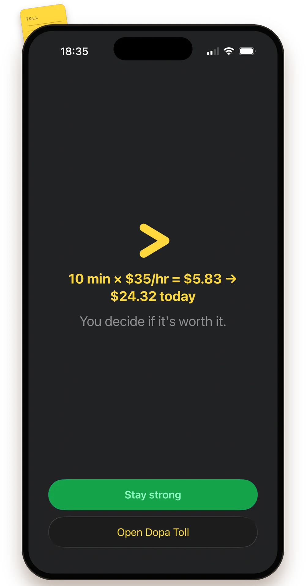 The shield screen showing time × rate before you open the app