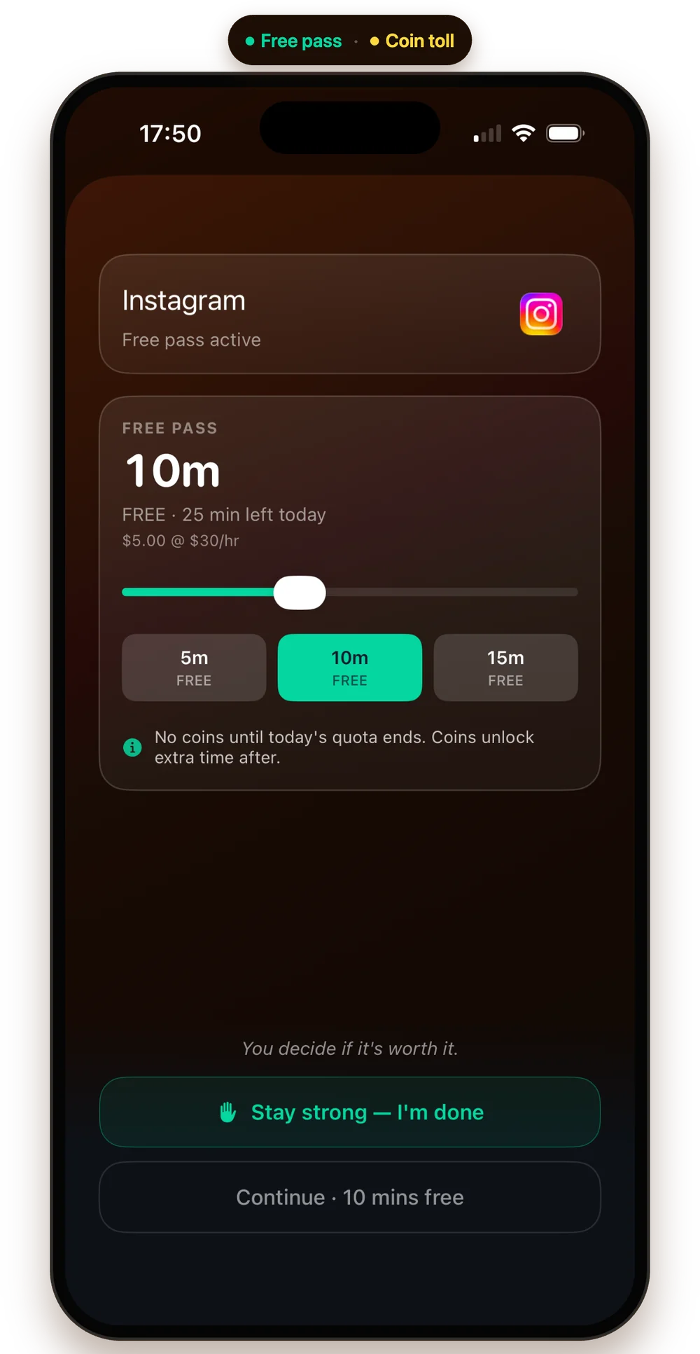 The unlock picker — free window, then coins at your rate